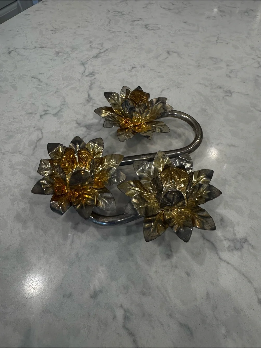 Vintage Silver Plate Gold Lotus Flower Candelabra Centerpiece